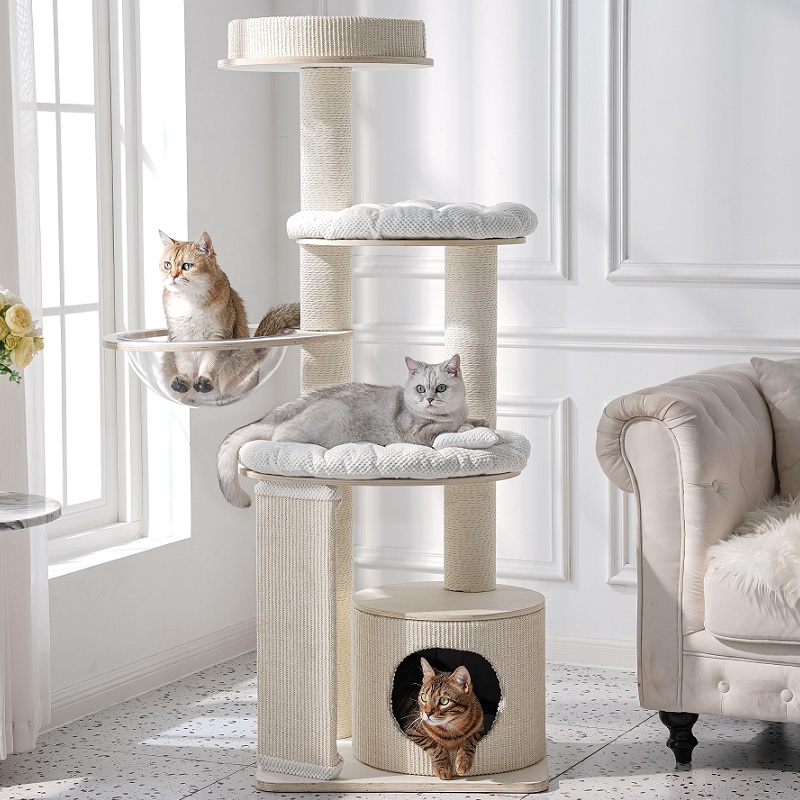PS4533 Cat tower, Birch wood, Transparent space capsule, Plush jumping platform